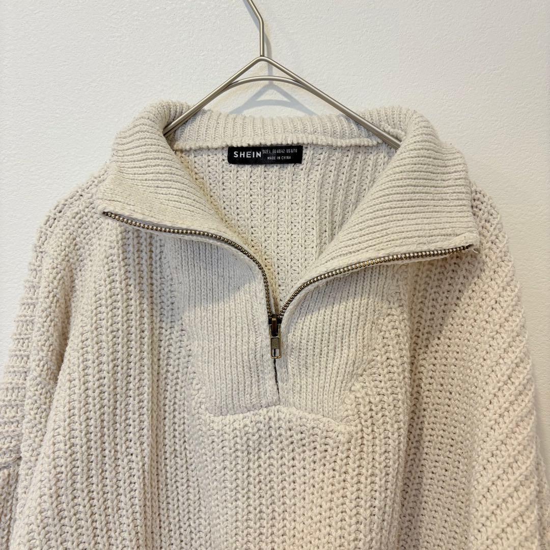 .ハーフジップパーカー　ニットセーター クロップド 白 ホワイト　L 丈短め 2