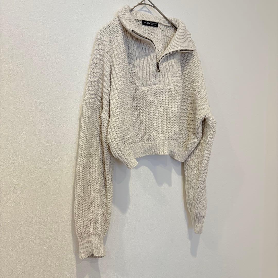 .ハーフジップパーカー　ニットセーター クロップド 白 ホワイト　L 丈短め 3