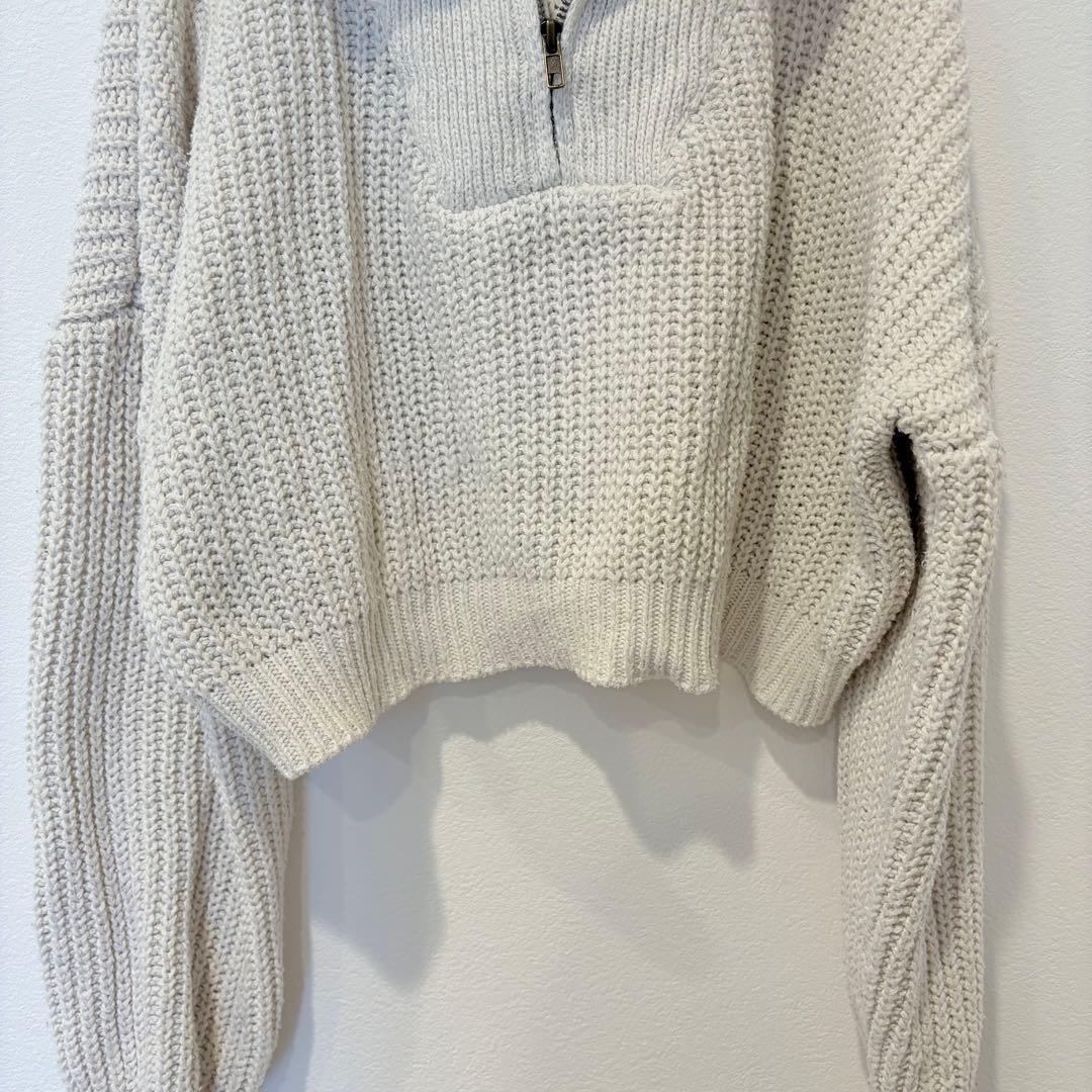 .ハーフジップパーカー　ニットセーター クロップド 白 ホワイト　L 丈短め 4