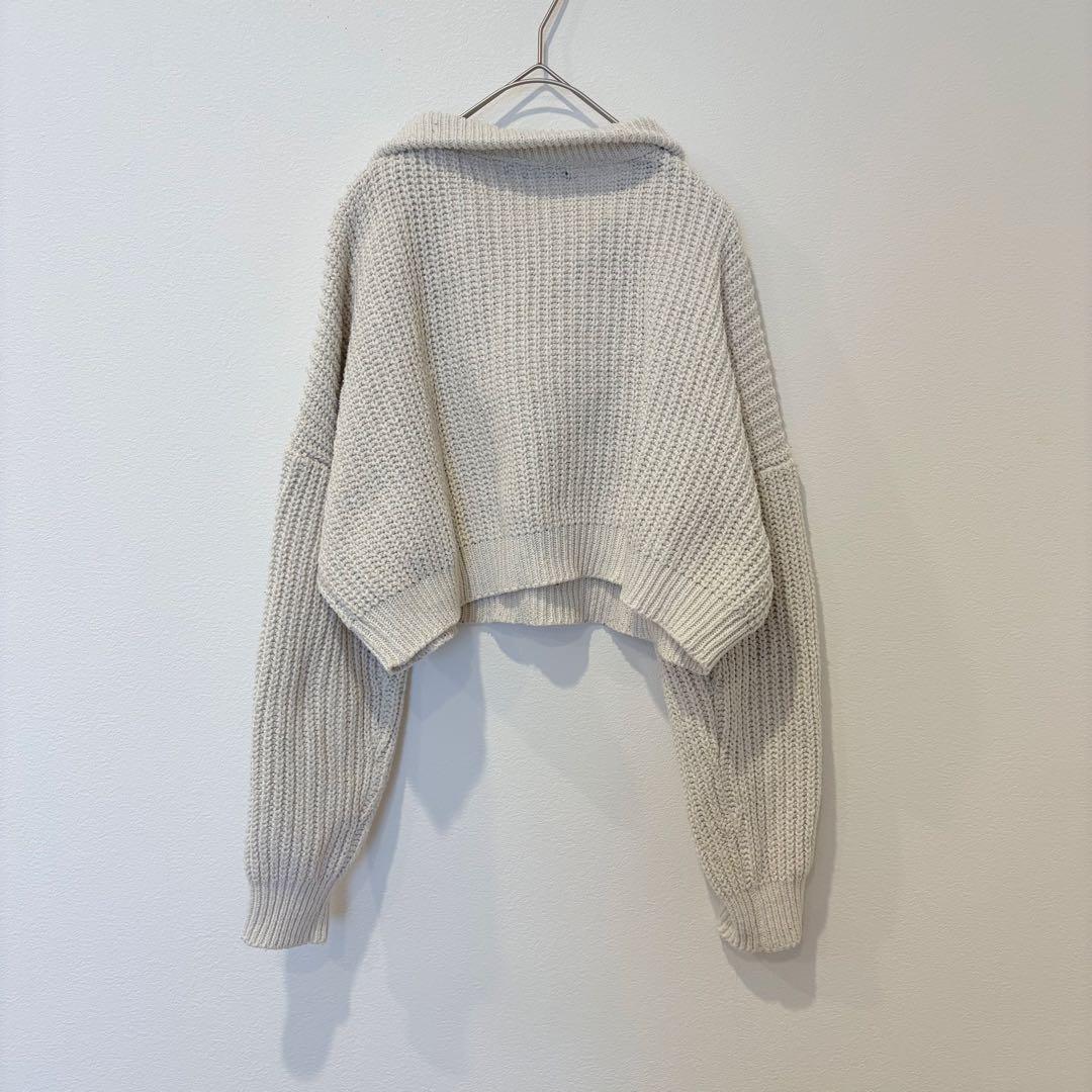 .ハーフジップパーカー　ニットセーター クロップド 白 ホワイト　L 丈短め 5