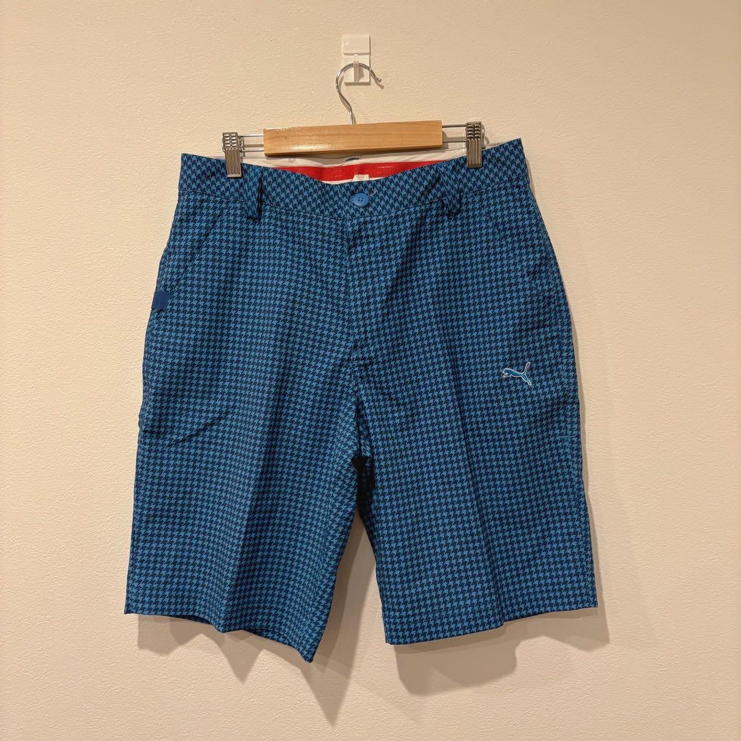 プーマ ハーフパンツ 千鳥柄 ゴルフ 青　ブルー W30 メンズ ショートパンツ