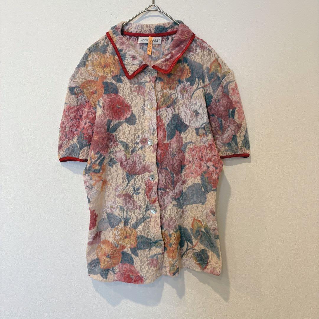 ジアンナ　ブラウス 半袖 レース 花柄 総柄 赤 44 イタリア製　襟つき