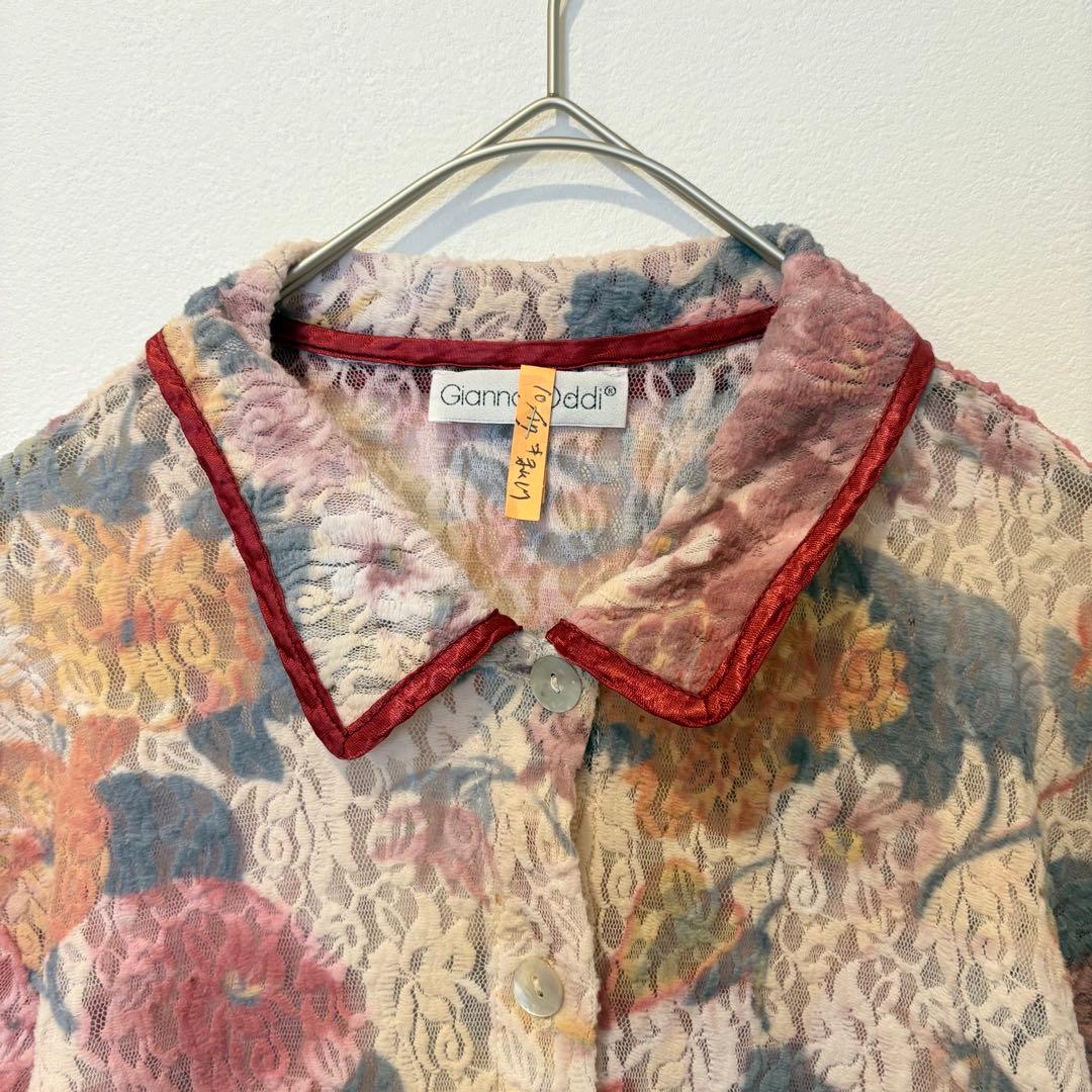 ジアンナ　ブラウス 半袖 レース 花柄 総柄 赤 44 イタリア製　襟つき 2