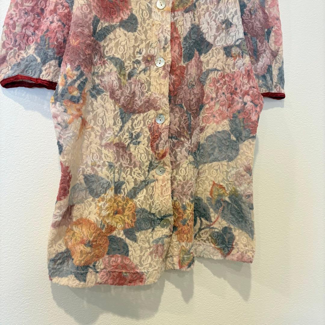 ジアンナ　ブラウス 半袖 レース 花柄 総柄 赤 44 イタリア製　襟つき 3