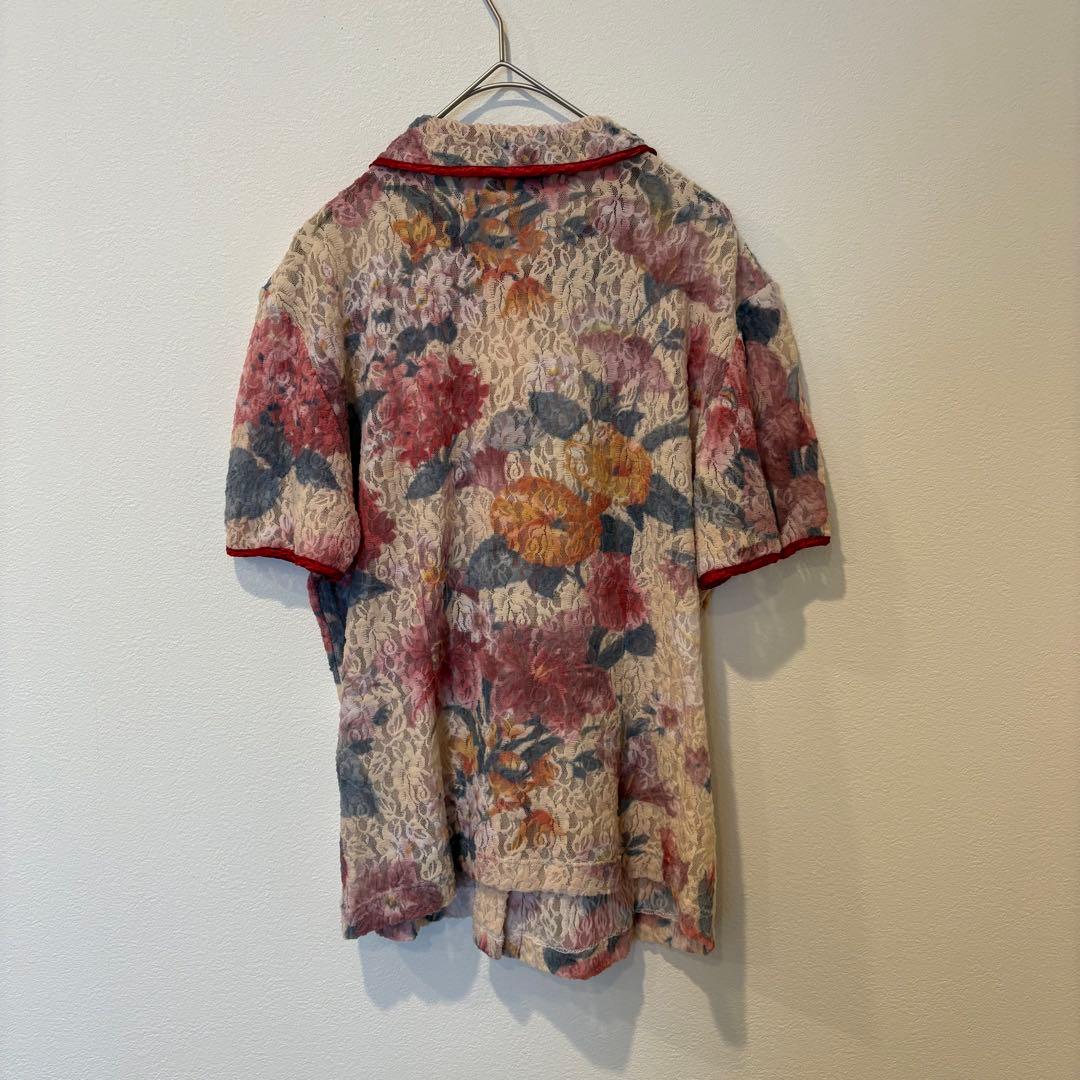 ジアンナ　ブラウス 半袖 レース 花柄 総柄 赤 44 イタリア製　襟つき 5