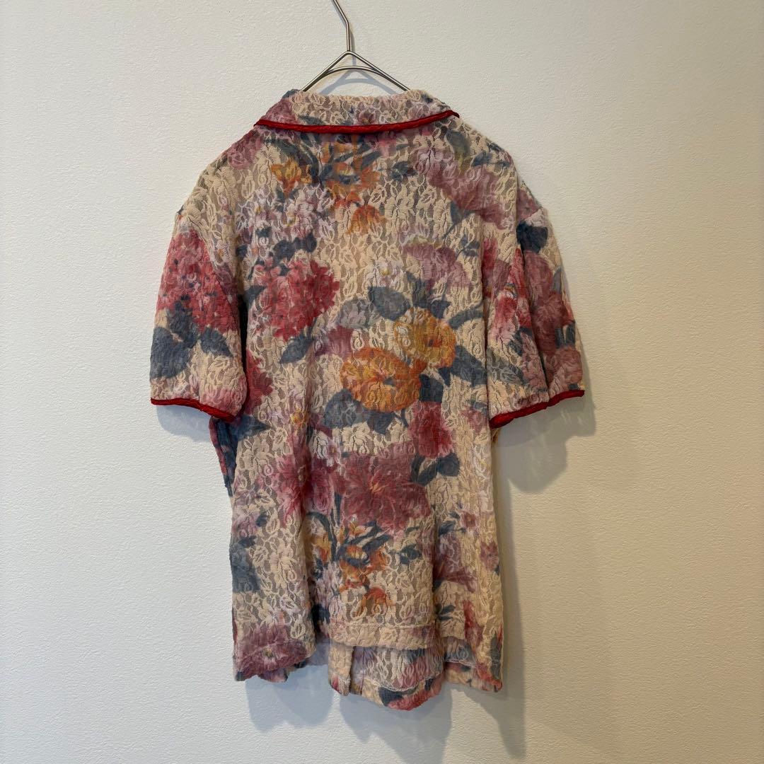 ジアンナ　ブラウス 半袖 レース 花柄 総柄 赤 44 イタリア製　襟つき 6