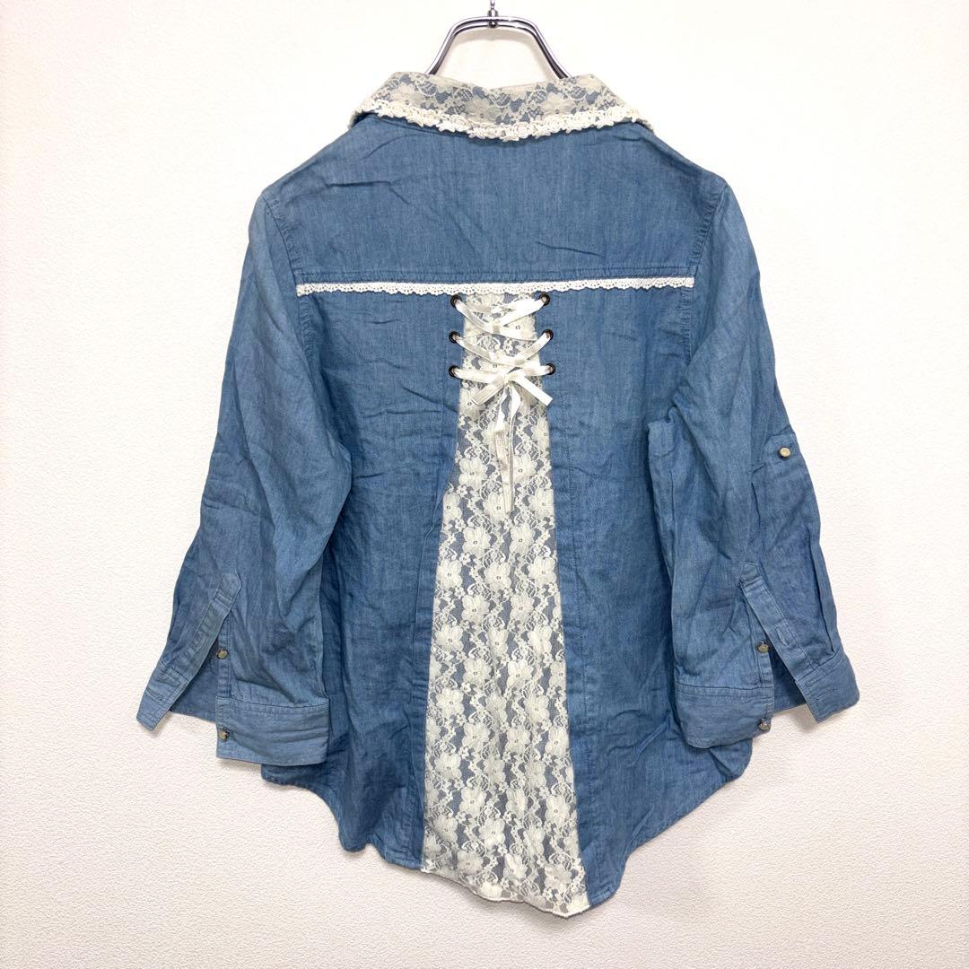 axes femmeデニムブルー バックレース襟 リボンシャツ M c764 11