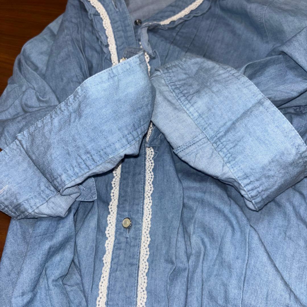 axes femmeデニムブルー バックレース襟 リボンシャツ M c764 14