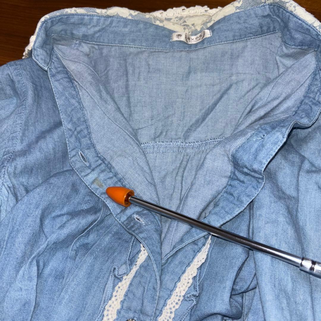 axes femmeデニムブルー バックレース襟 リボンシャツ M c764 18