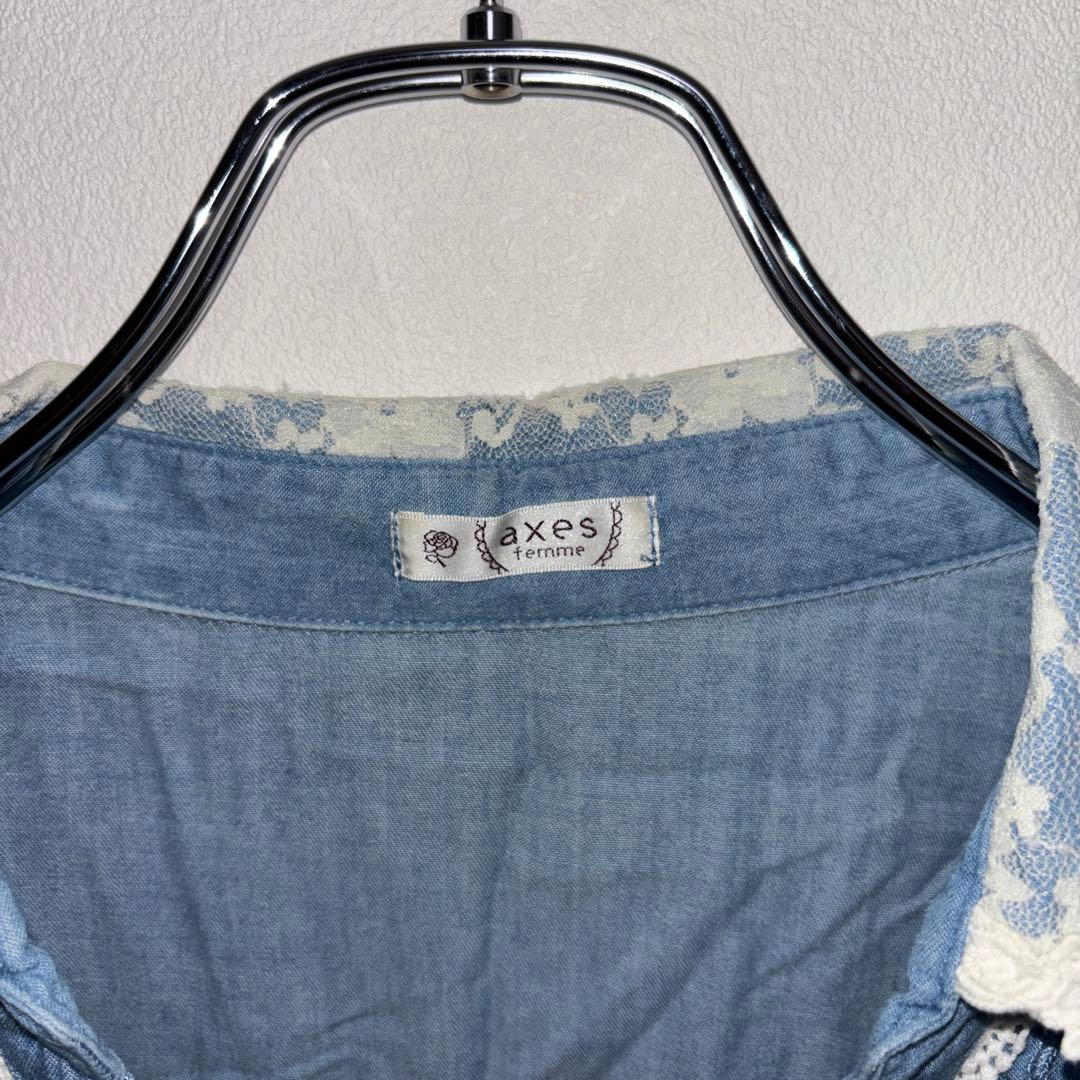 axes femmeデニムブルー バックレース襟 リボンシャツ M c764 3