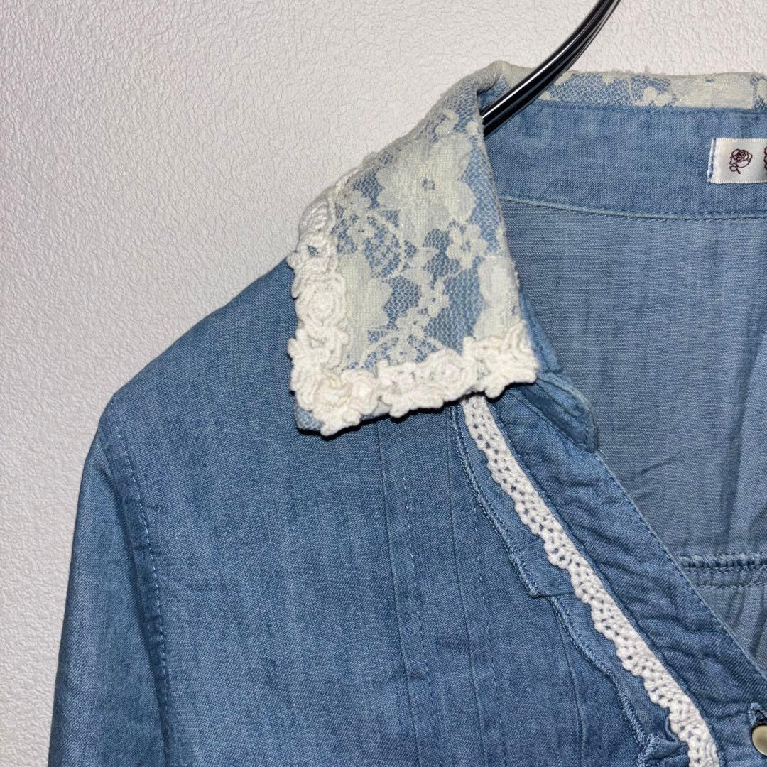 axes femmeデニムブルー バックレース襟 リボンシャツ M c764 4