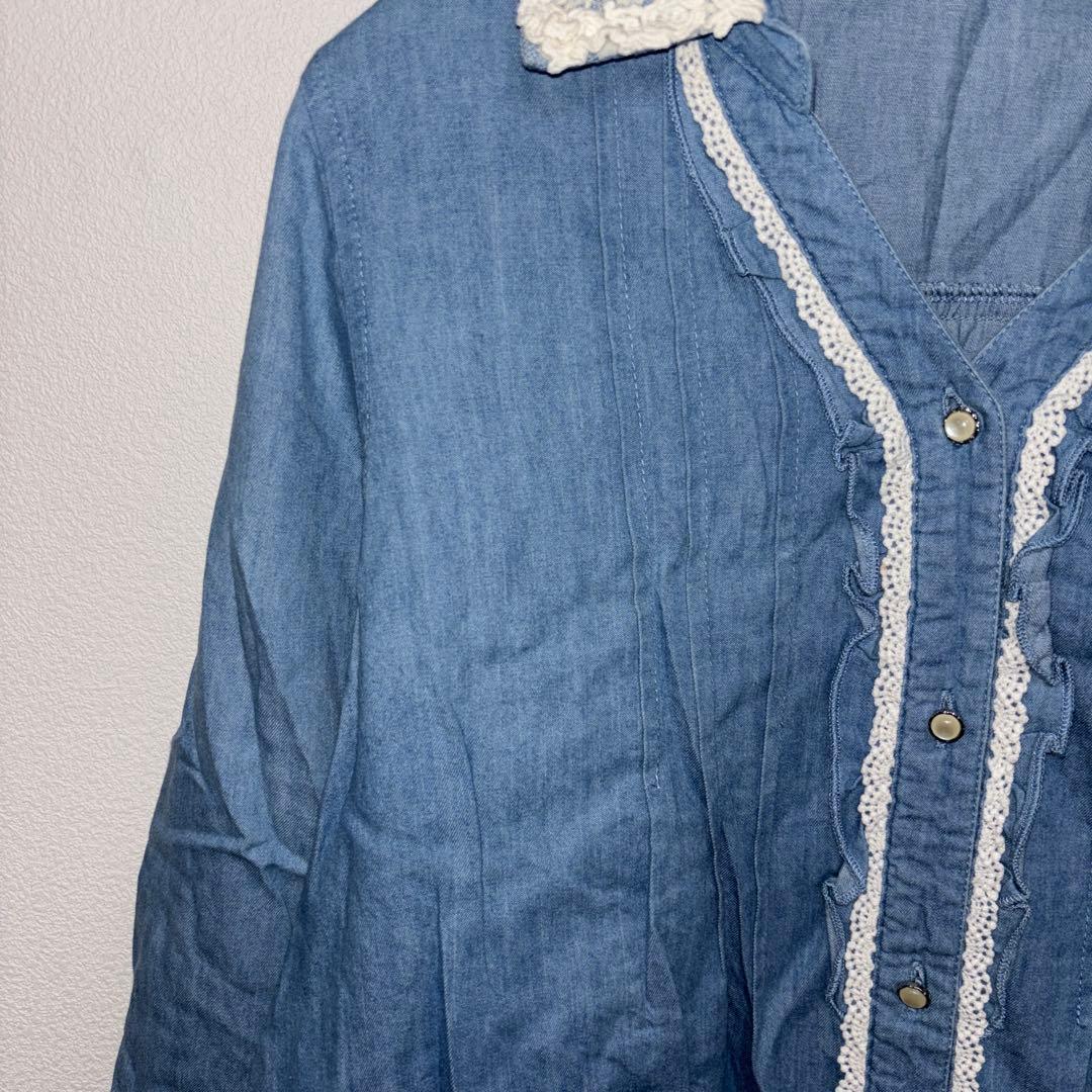 axes femmeデニムブルー バックレース襟 リボンシャツ M c764 5