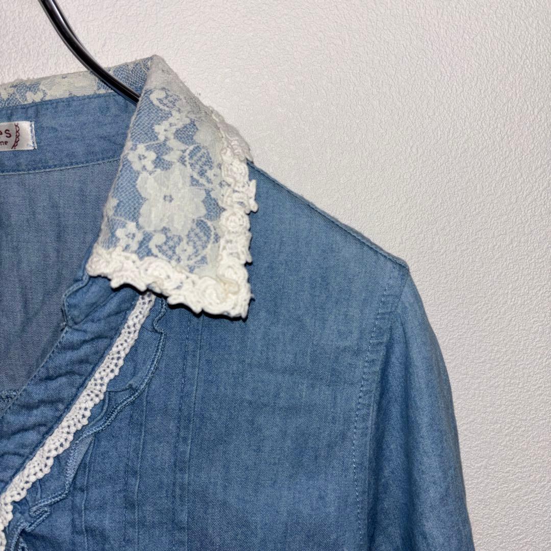 axes femmeデニムブルー バックレース襟 リボンシャツ M c764 7