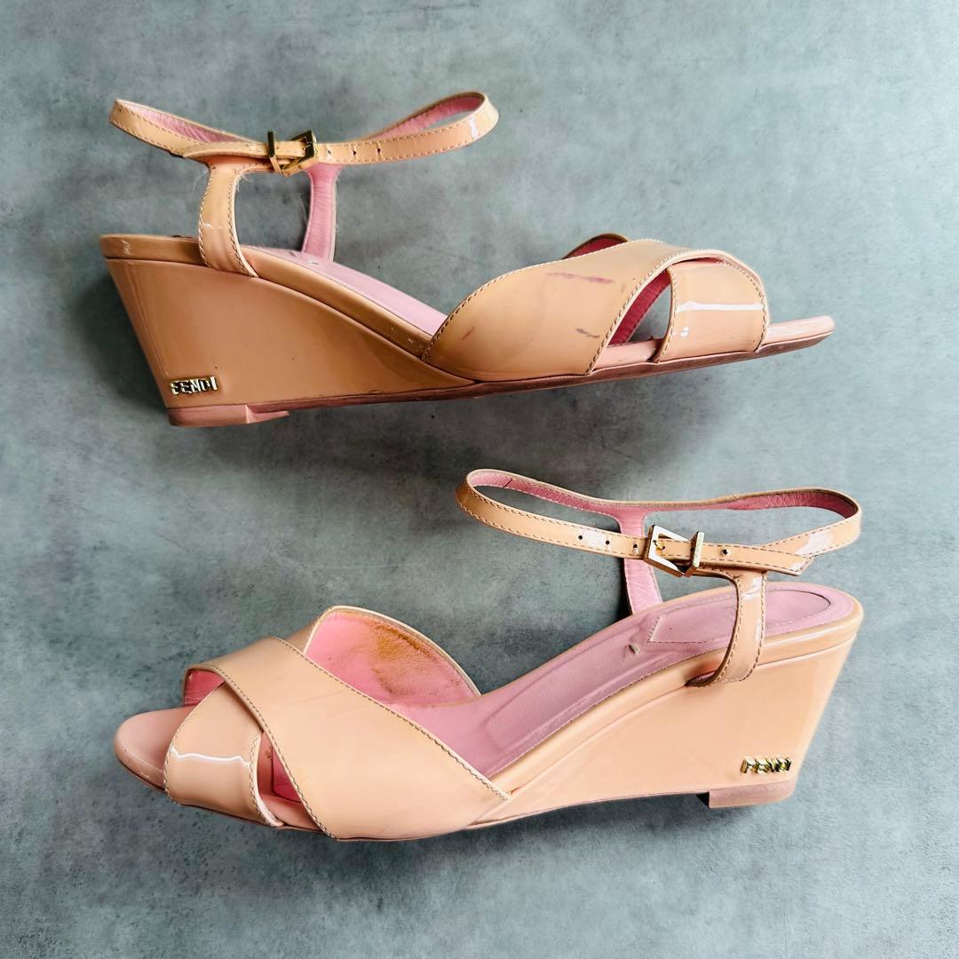 FENDI パテントレザー　ピンク　クロス　ストラップ　サンダル　ウェッジソール 6