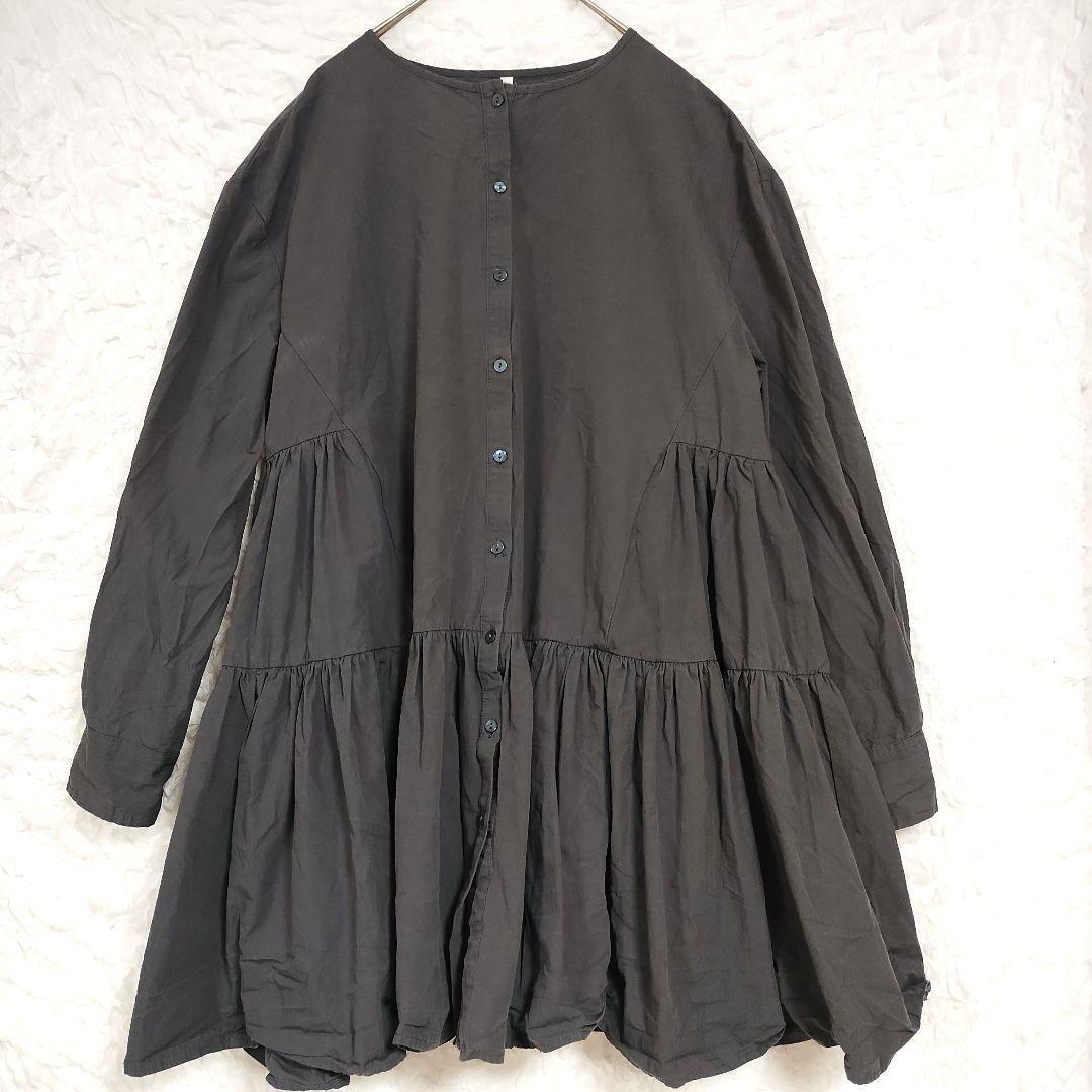 グレー 長袖 チュニック ボタン付きふんわりボリューミーシャツブラウス コットン