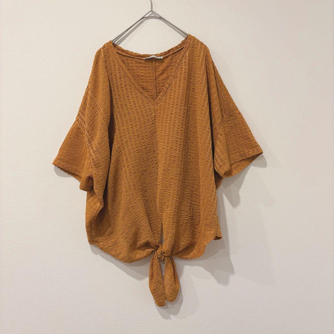 ザラ 半袖 Vネック ブラウス ワッフル 前結び　リボン オレンジ　Tシャツ