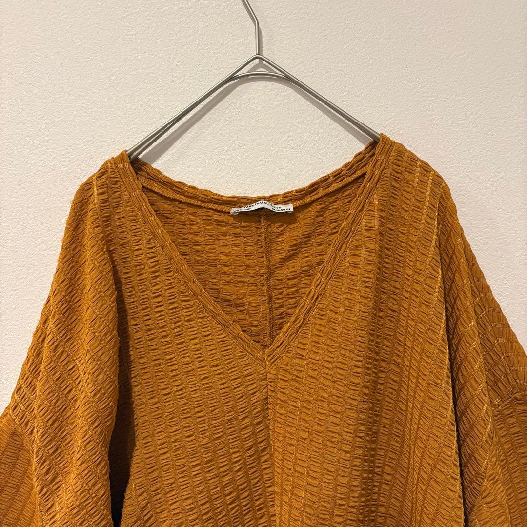 ザラ 半袖 Vネック ブラウス ワッフル 前結び　リボン オレンジ　Tシャツ 2