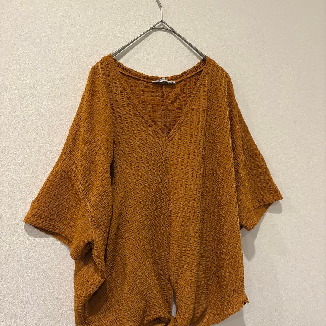 ザラ 半袖 Vネック ブラウス ワッフル 前結び　リボン オレンジ　Tシャツ 3