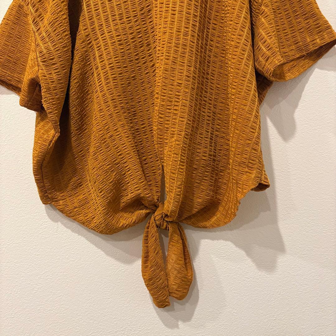 ザラ 半袖 Vネック ブラウス ワッフル 前結び　リボン オレンジ　Tシャツ 4