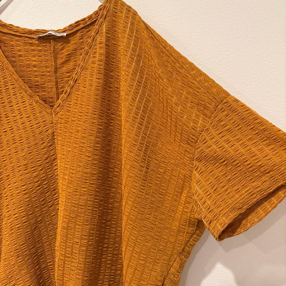 ザラ 半袖 Vネック ブラウス ワッフル 前結び　リボン オレンジ　Tシャツ 5