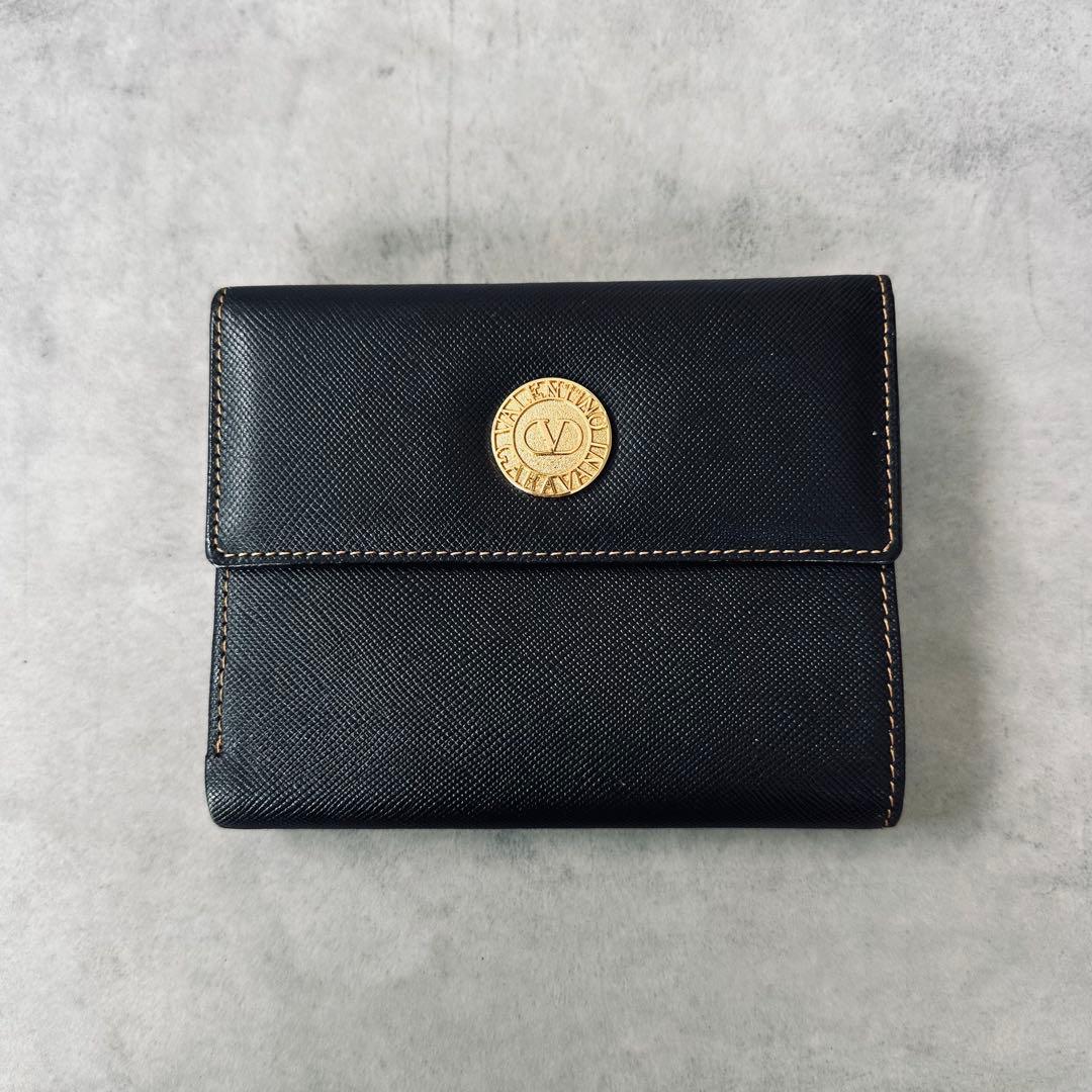 VALENTINO GARAVANI ロゴ金具　がま口　三つ折り財布　レザー　黒