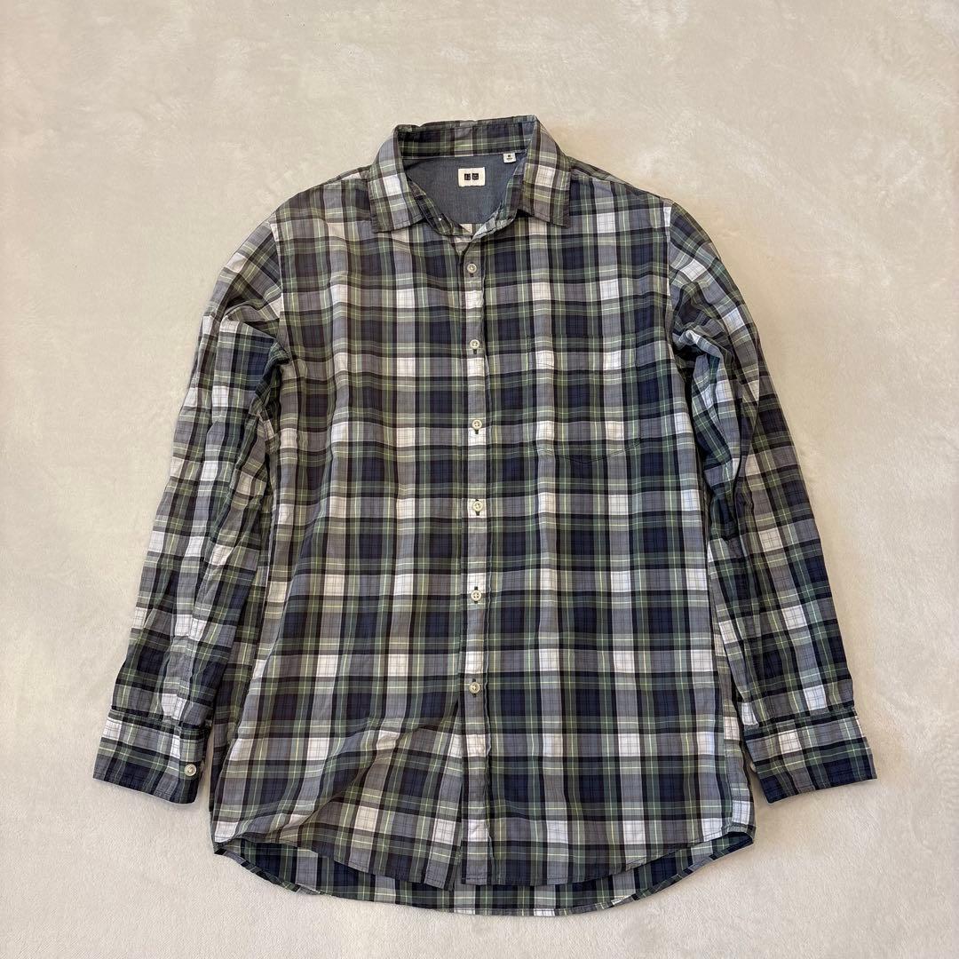 .ユニクロ メンズ 長袖 チェック シャツ カジュアル グリーン M ネルシャツ