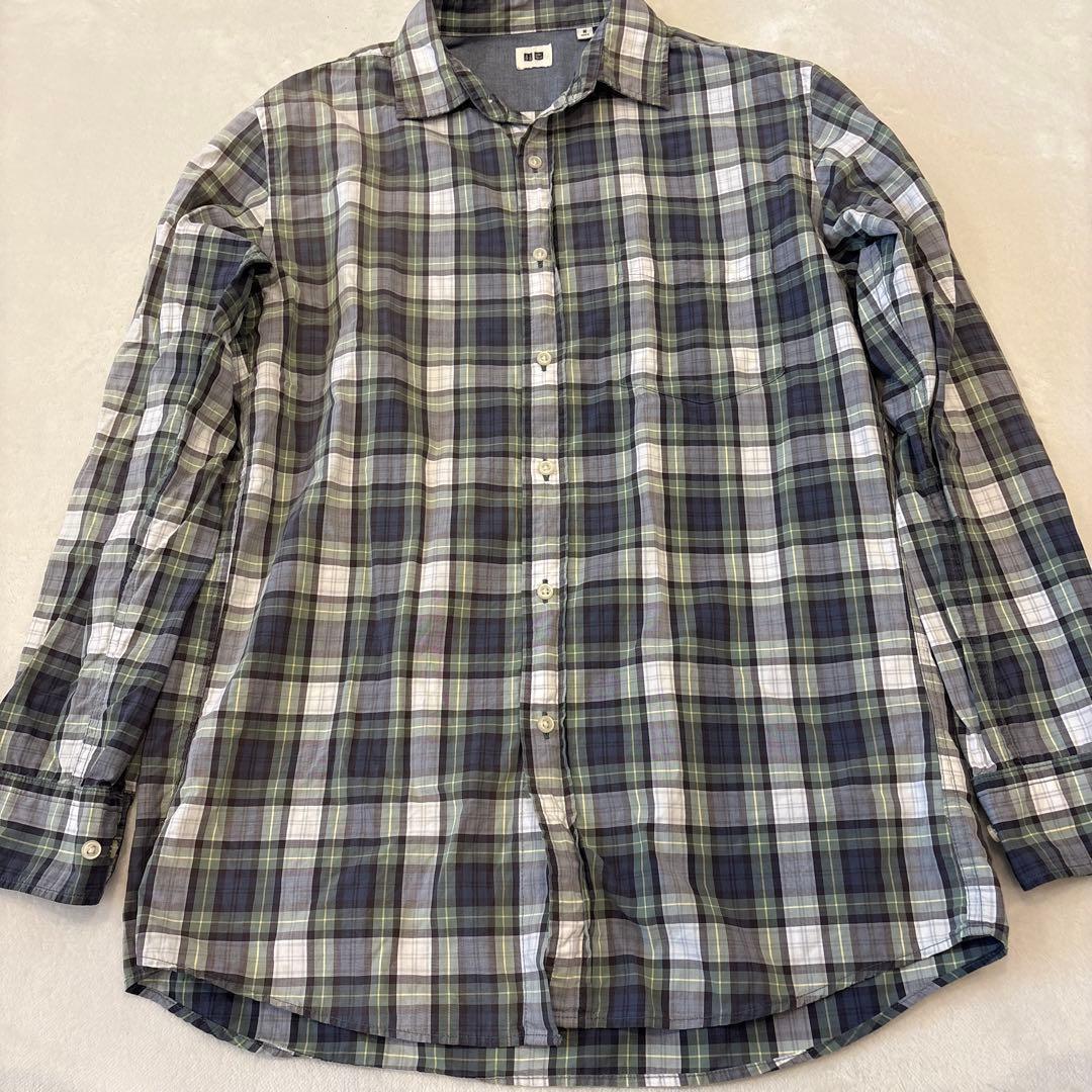 .ユニクロ メンズ 長袖 チェック シャツ カジュアル グリーン M ネルシャツ 2