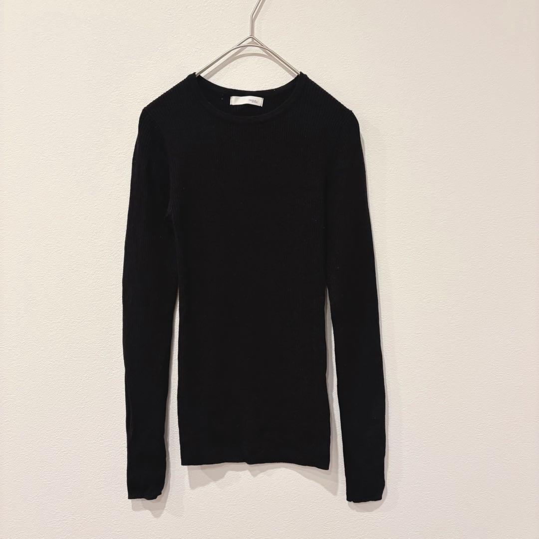インデックス リブニット 長袖 クルーネック ブラック 黒　M シンプル　無地