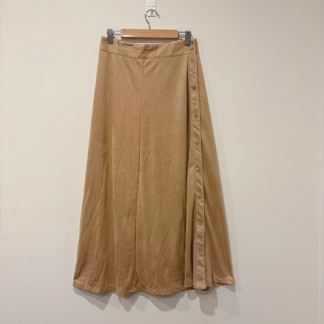アンドサーチ フレアスカート ロング サイドボタン 茶色　ベージュ　M