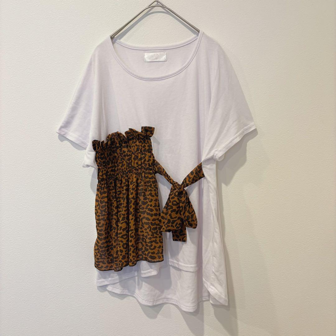 ディスパーク 半袖Tシャツ 異素材 レオパード フリル 白　ホワイト リボン