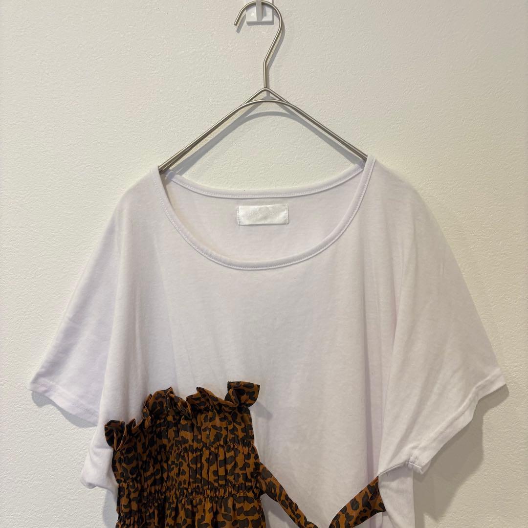 ディスパーク 半袖Tシャツ 異素材 レオパード フリル 白　ホワイト リボン 2