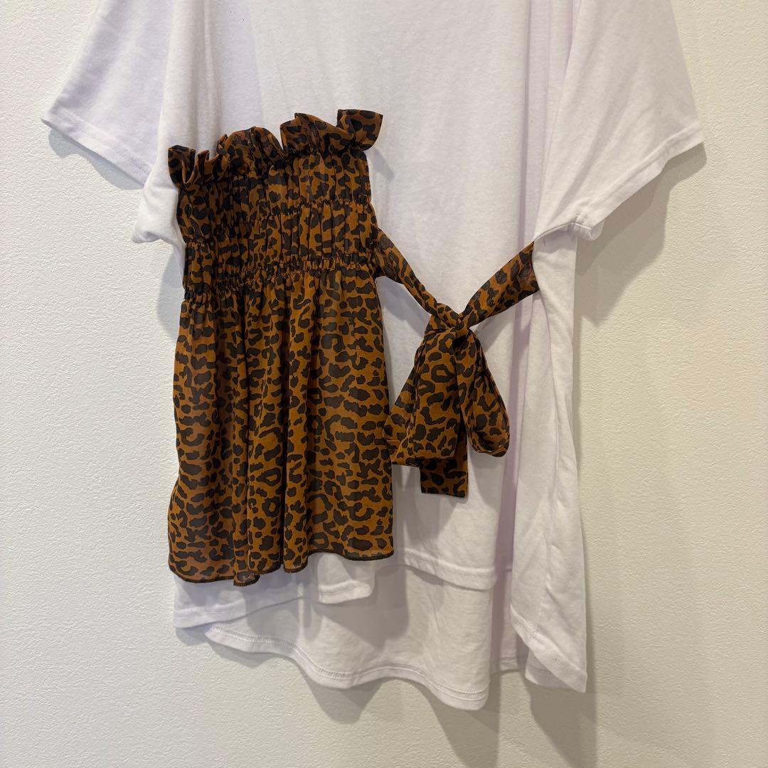 ディスパーク 半袖Tシャツ 異素材 レオパード フリル 白　ホワイト リボン 4