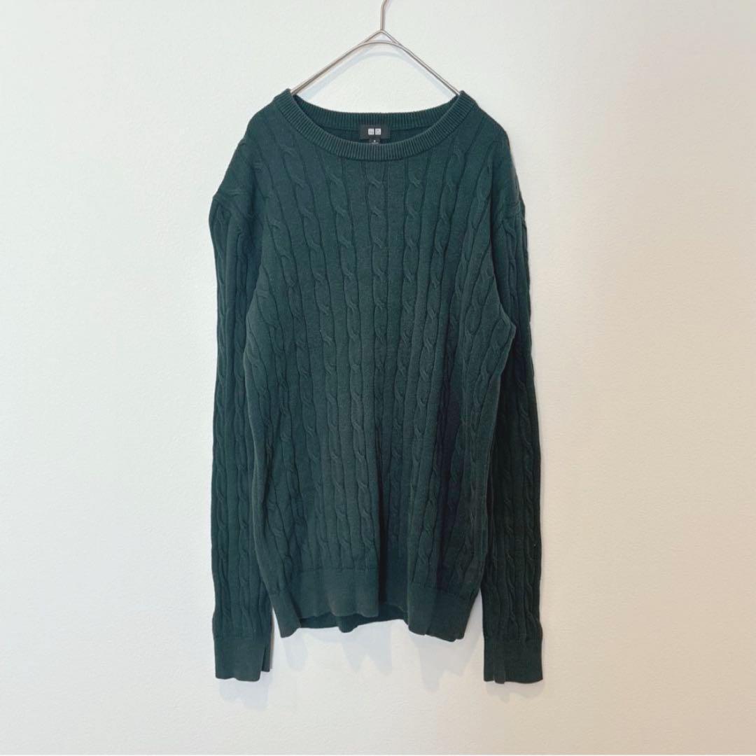 .ユニクロ ケーブルニット セーター 暖かい グリーン 緑　M クールネック