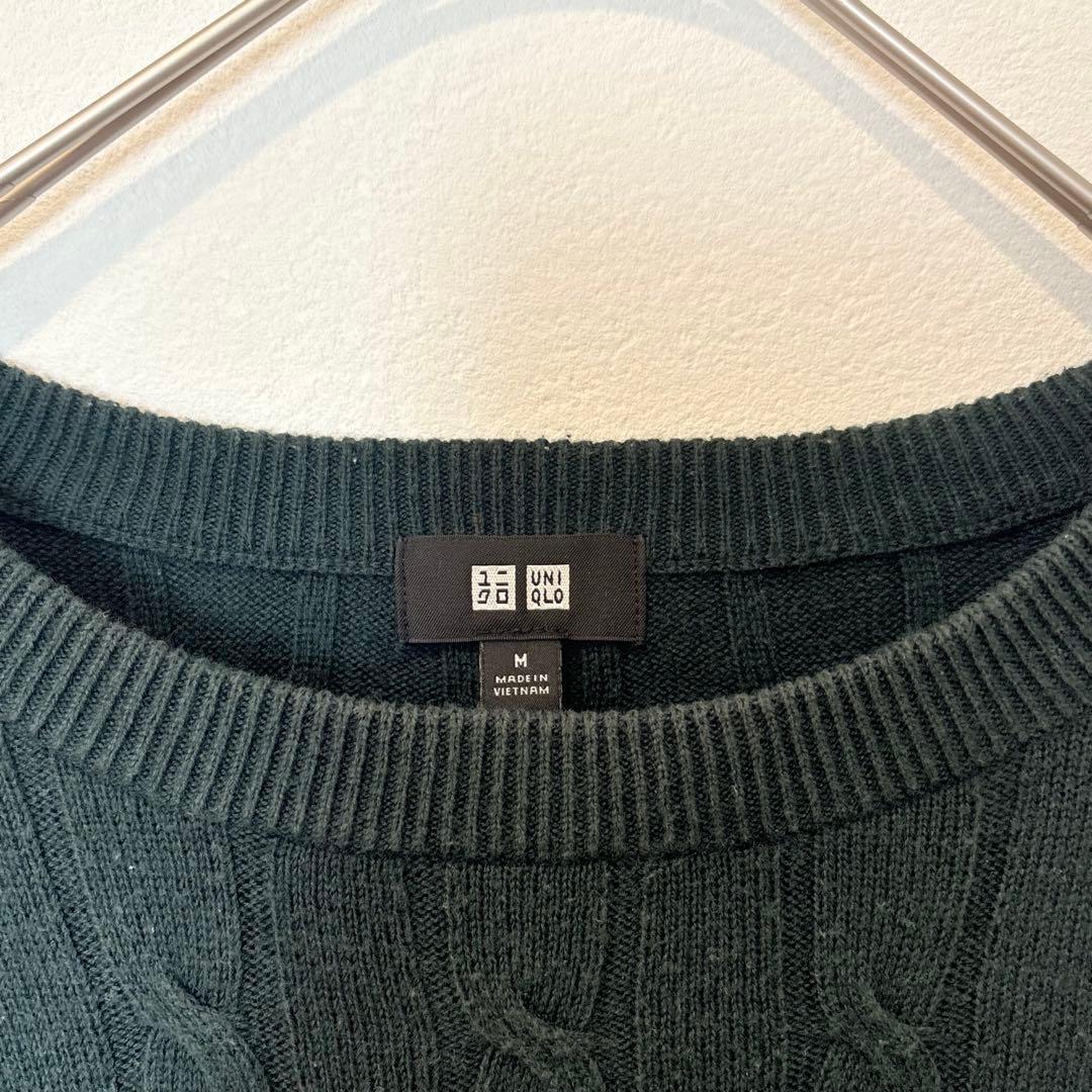 .ユニクロ ケーブルニット セーター 暖かい グリーン 緑　M クールネック 5