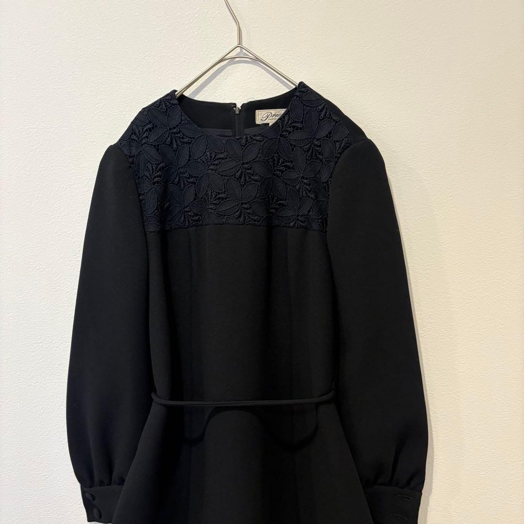 プリエール ワンピース レース 切替 フォーマル ブラック 黒　10号 M 2