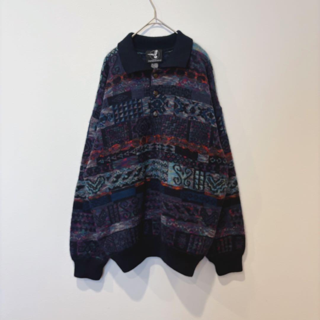 ジャクソンベイ ニットセーター 総柄 ウール ネイビー 紺色　L 襟付き　防寒