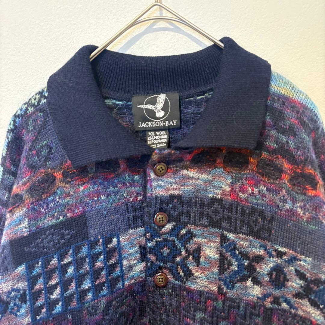 ジャクソンベイ ニットセーター 総柄 ウール ネイビー 紺色　L 襟付き　防寒 2