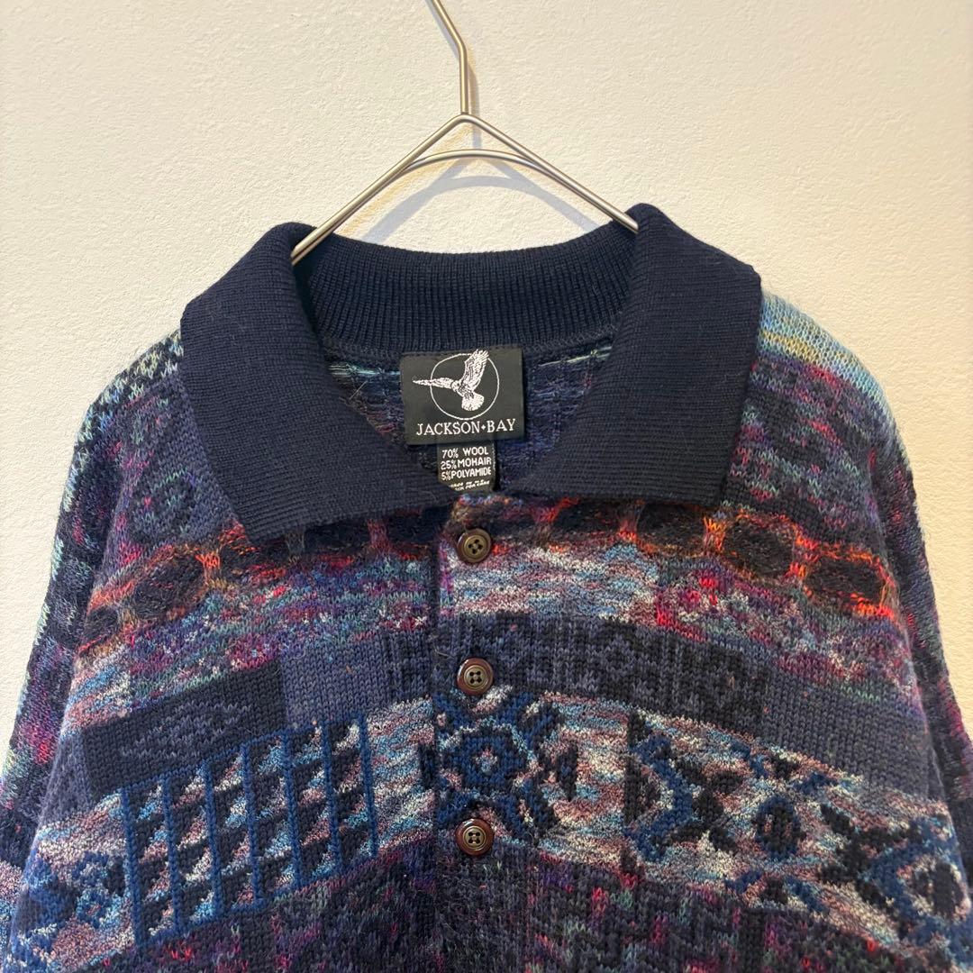 ジャクソンベイ ニットセーター 総柄 ウール ネイビー 紺色　L 襟付き　防寒 3