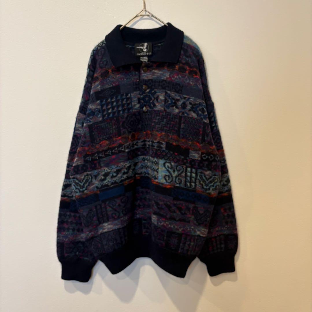 ジャクソンベイ ニットセーター 総柄 ウール ネイビー 紺色　L 襟付き　防寒 4