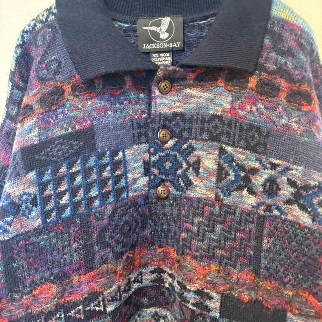 ジャクソンベイ ニットセーター 総柄 ウール ネイビー 紺色　L 襟付き　防寒 6