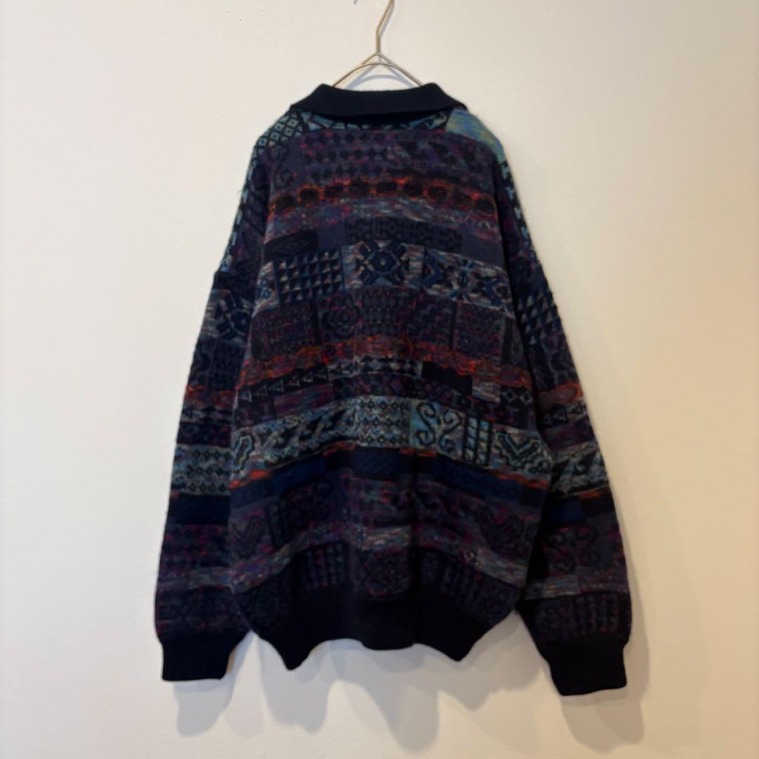ジャクソンベイ ニットセーター 総柄 ウール ネイビー 紺色　L 襟付き　防寒 7