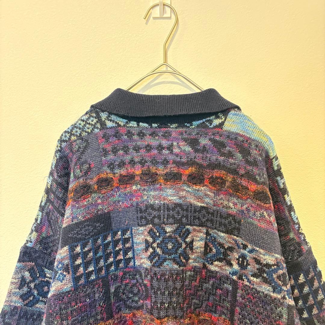 ジャクソンベイ ニットセーター 総柄 ウール ネイビー 紺色　L 襟付き　防寒 8