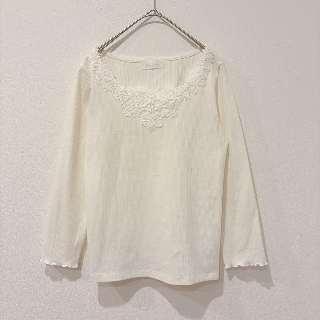 フェルゥ 長袖カットソー レース リブ トップス 白　ホワイト 2 M ガーリー