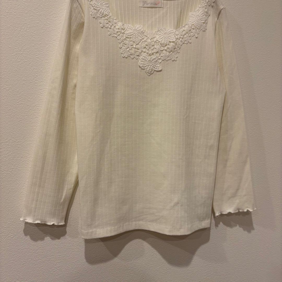 フェルゥ 長袖カットソー レース リブ トップス 白　ホワイト 2 M ガーリー 4