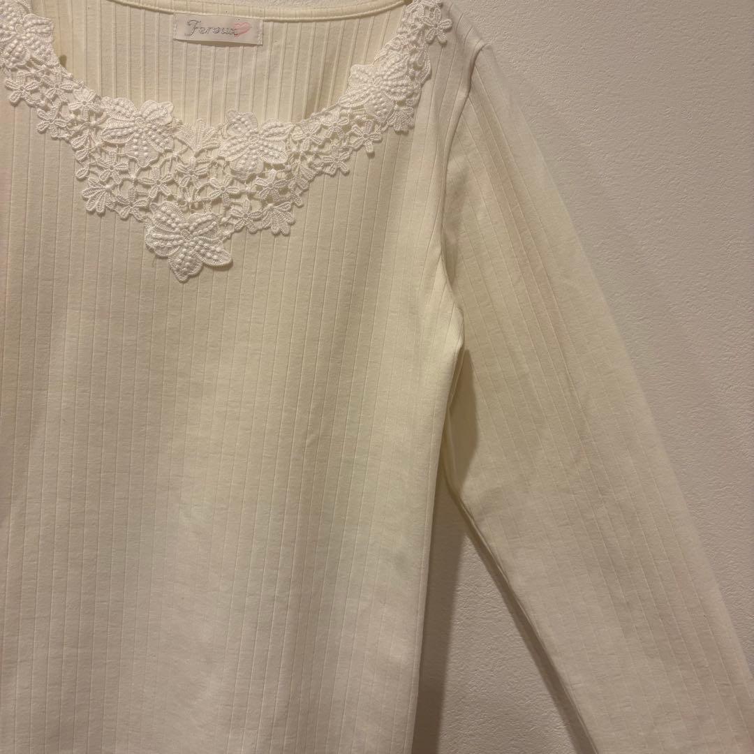 フェルゥ 長袖カットソー レース リブ トップス 白　ホワイト 2 M ガーリー 5