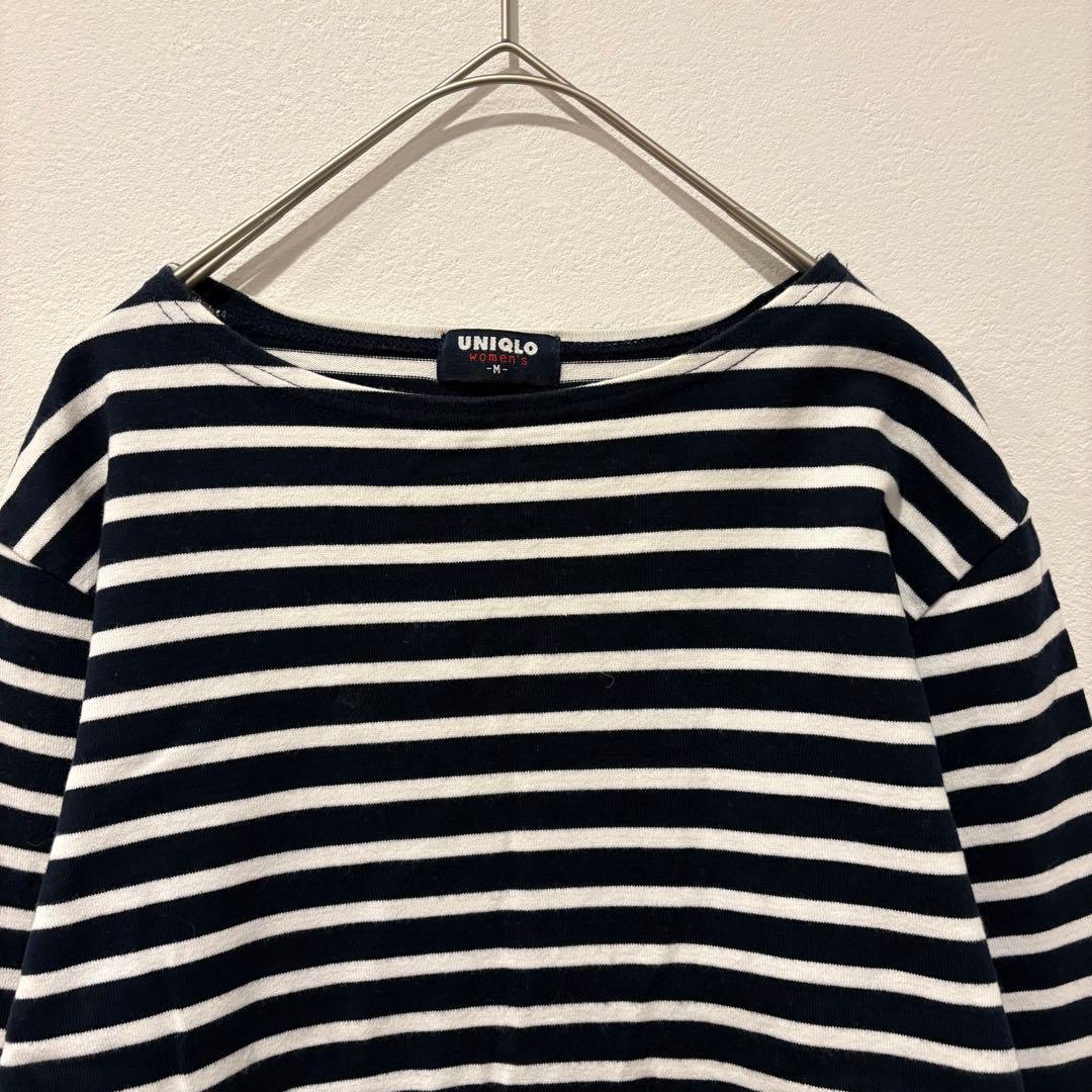 90s OLD UNIQLO ボーダー 長袖カットソー ボートネック 白黒　M 2