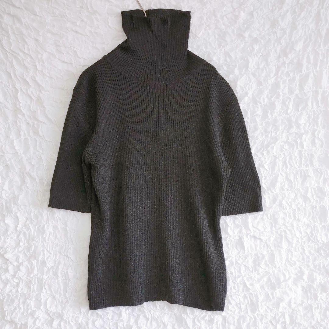 【アンクライン】ダークグレー ハイネック 半袖ニット L 銀ラメ カジュアル