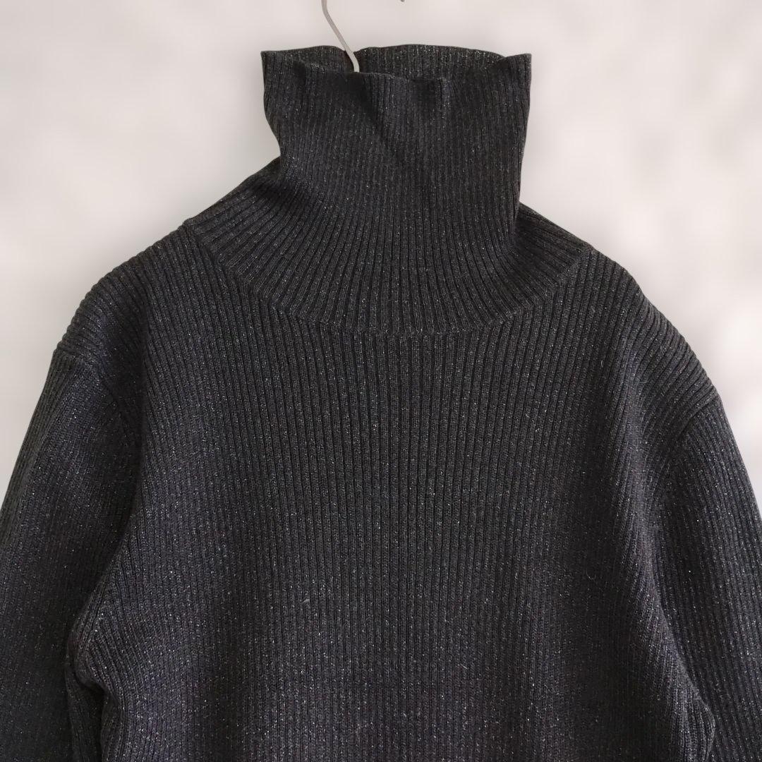 【アンクライン】ダークグレー ハイネック 半袖ニット L 銀ラメ カジュアル 2