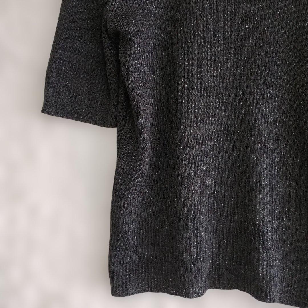 【アンクライン】ダークグレー ハイネック 半袖ニット L 銀ラメ カジュアル 3