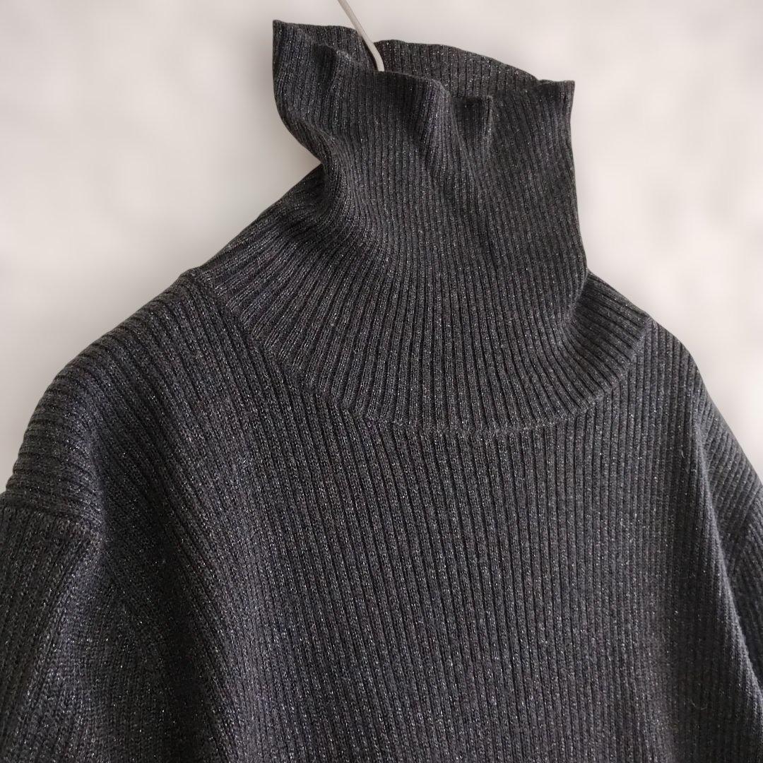 【アンクライン】ダークグレー ハイネック 半袖ニット L 銀ラメ カジュアル 4